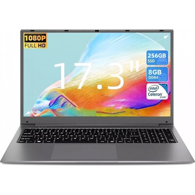 17,3 Zoll Laptop Computer, 8GB RAM 256GB SSD Win 11 Celeron Quad-Core Prozessor