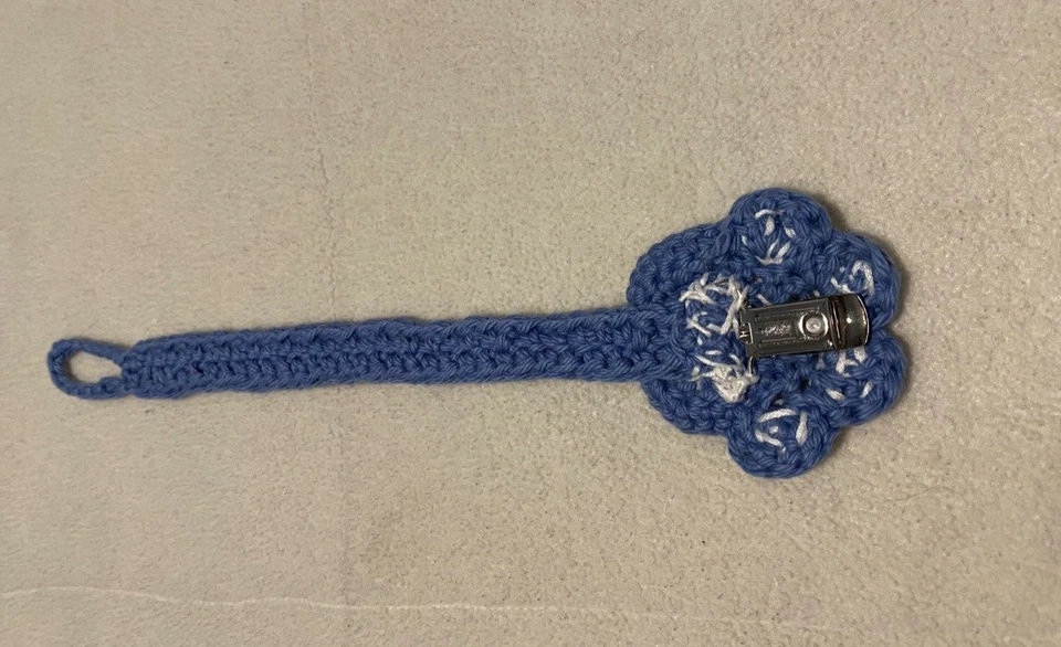 Handmade Crochet Baby Pacifier Strap Clip Holder Puppy Paw Foot Blue & White - Image 2 of 4