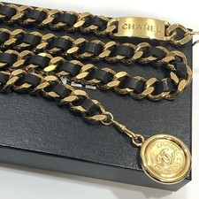 CHANEL CC Logos Black Leather Chain Belt 35" Gold Tone 94A Auth w/Box