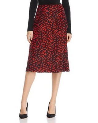 Alice + Olivia Sula Red Black Leopard Print Silk Crepe de Chin Midi Skirt 2 = XS