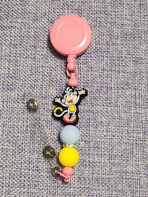 Handmade Beaded Pink Boots Monkey Dora The Explorer Retractable Badge Reel