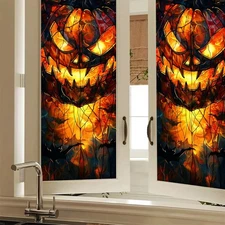 Halloween Gothic Window Film – Flame Pumpkin Bat Design, Decorative Privacy S...