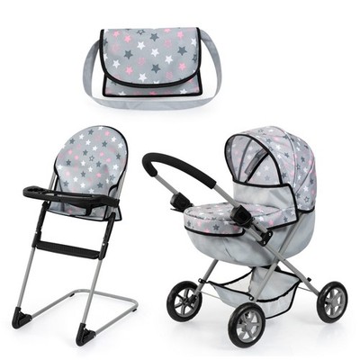 Bayer Design Puppenwagen Set Cosy Hochstuhl Wickeltasche grau Sterne