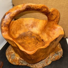 Hand Crafted MCM Burl Wood Basket with Handle SIGNED S