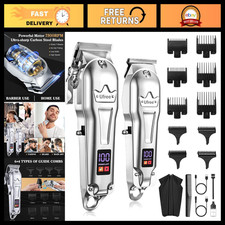 Cordless Hair Clippers for Men, LED Display Trimmer Set, Silver Grooming Kit