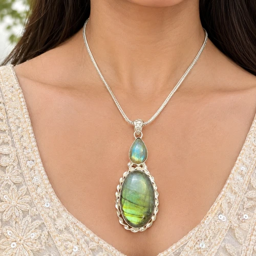 Natural Labradorite Green Flash Double Stone Pendant, Silver Plated Jewelry - product listing photo