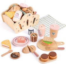 Wooden Play Food Set for Kids, Picnic Basket Toy, Montessori Kitchen Gift
