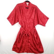 Vintage Inner Most Kimono Robe Womens Large Red Satin Jacquard Midi Pockets