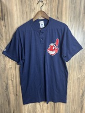 Vintage Cleveland Indians Henley Tee  Chief Wahoo  Logo Navy Men  s Size L