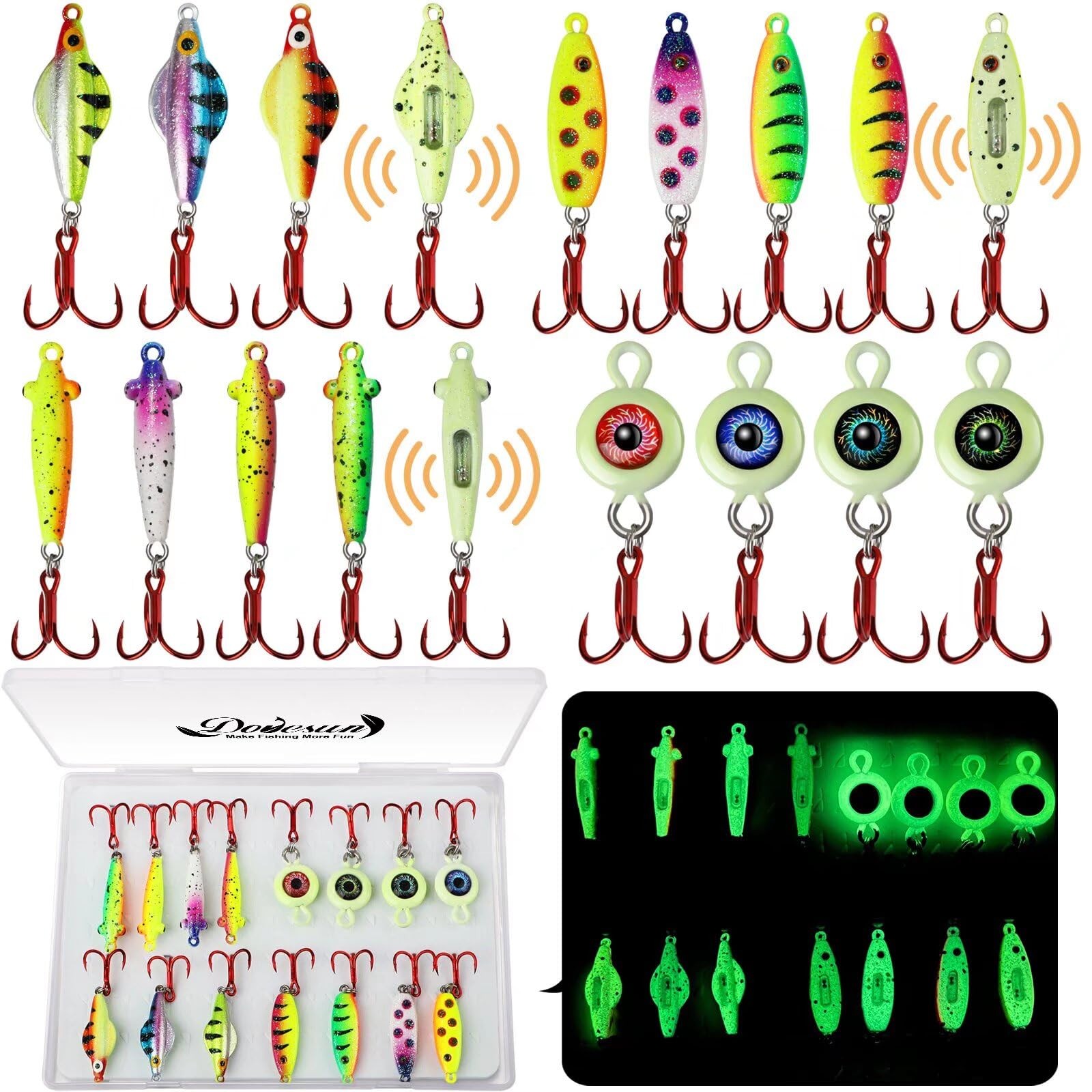 15PCS Rattling Glow Ice Fishing Spoons Kit for Bass, Crappie, Panfish, Perch,... - Image 1