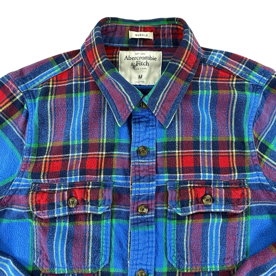 Camisa Abercrombie Fitch Hombres Mediana Pesada Colorida Franela Cuadros Ajuste Muscular Foto 2 de 4