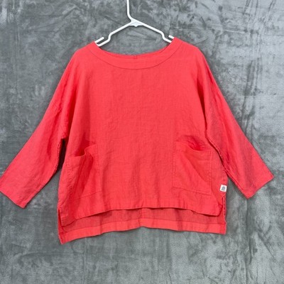 Fat Face Women's Top Size 8 100% Linen Long Sleeve Crew Neck Pink Pockets Boxy