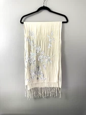 Cejon Ivory Silver Leaf Embossed Scarf Fringe Wrap Dressy Evening Shawl Glam Fit