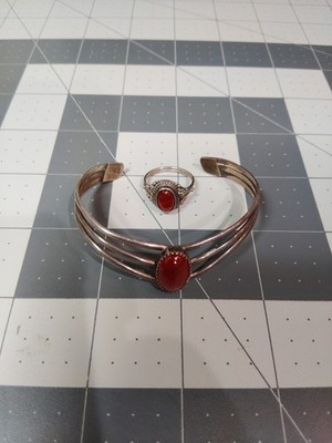 Sterling Silver Classic Navajo Carnelian Cuff Bracelet And Ring Set Signed FA 