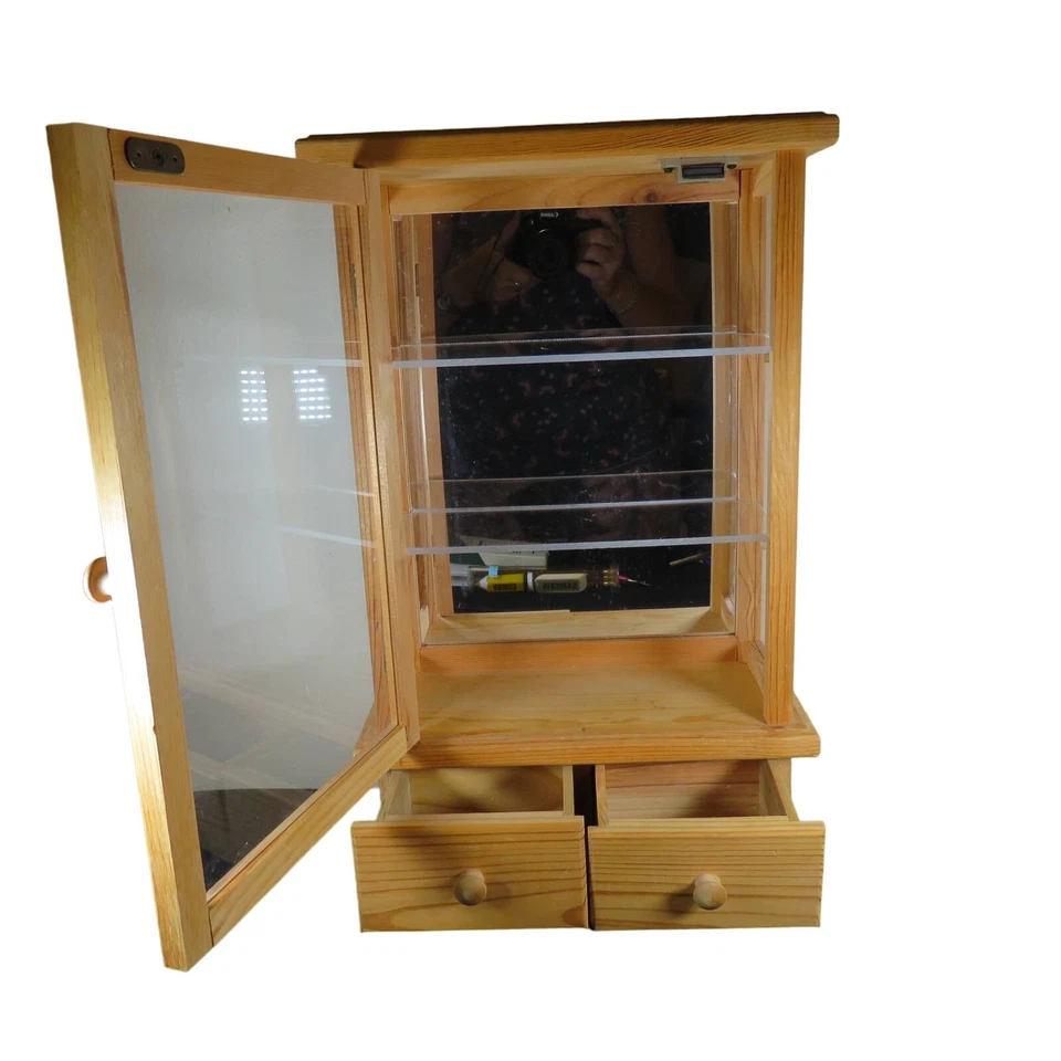 Wooden Display Cabinet Plexiglass Door 2 Drawers Three shelves Curio 19.5" Pine - Image 2 of 4