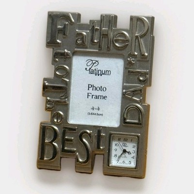 VTG Platinum Desk Clock Photo Frame Silver Metal ''To The Best Dad'' Father s Gift