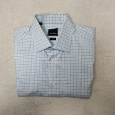 David Donahue Shirt Mens 16 34/35 Blue Plaid Trim Spread Collar Dress Slim SPOT