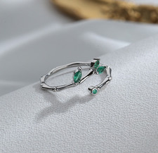 925 Sterling Silver Emerald Leaf Branch Adjustable Ring Jewellery Women Girls
