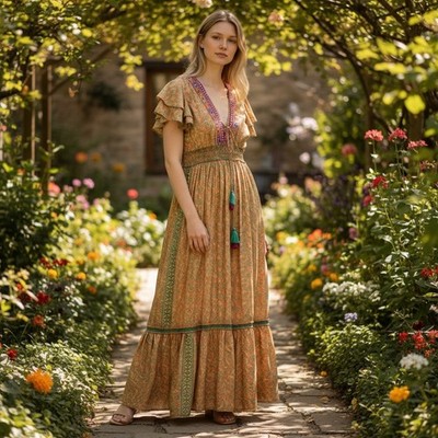 Chocolate Preppy Boho Maxi Dress Orange Green Mirror Embroidery Tassel OS