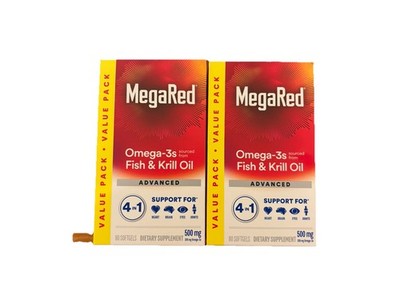 Lot of 2 MegaRed Advanced 4in1 Omega-3 Fish & Krill Oil 500mg (80 Each) Exp06/27