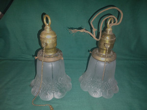 2 Vtg Brass Fatboy Socket w/Uno Holder & 1908 patent Frosted Shade Pendant Light