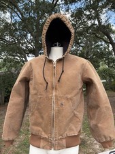 Carhartt J130 Small Jacket Brown Quilted Lining Farm Worn Hood Pockets Bomber