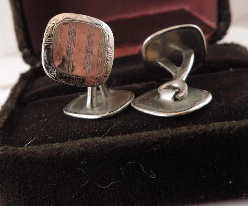 Vintage Silver Plated Men's Square Engraved Double sided Cufflink Fa 37 - Image 2 of 4