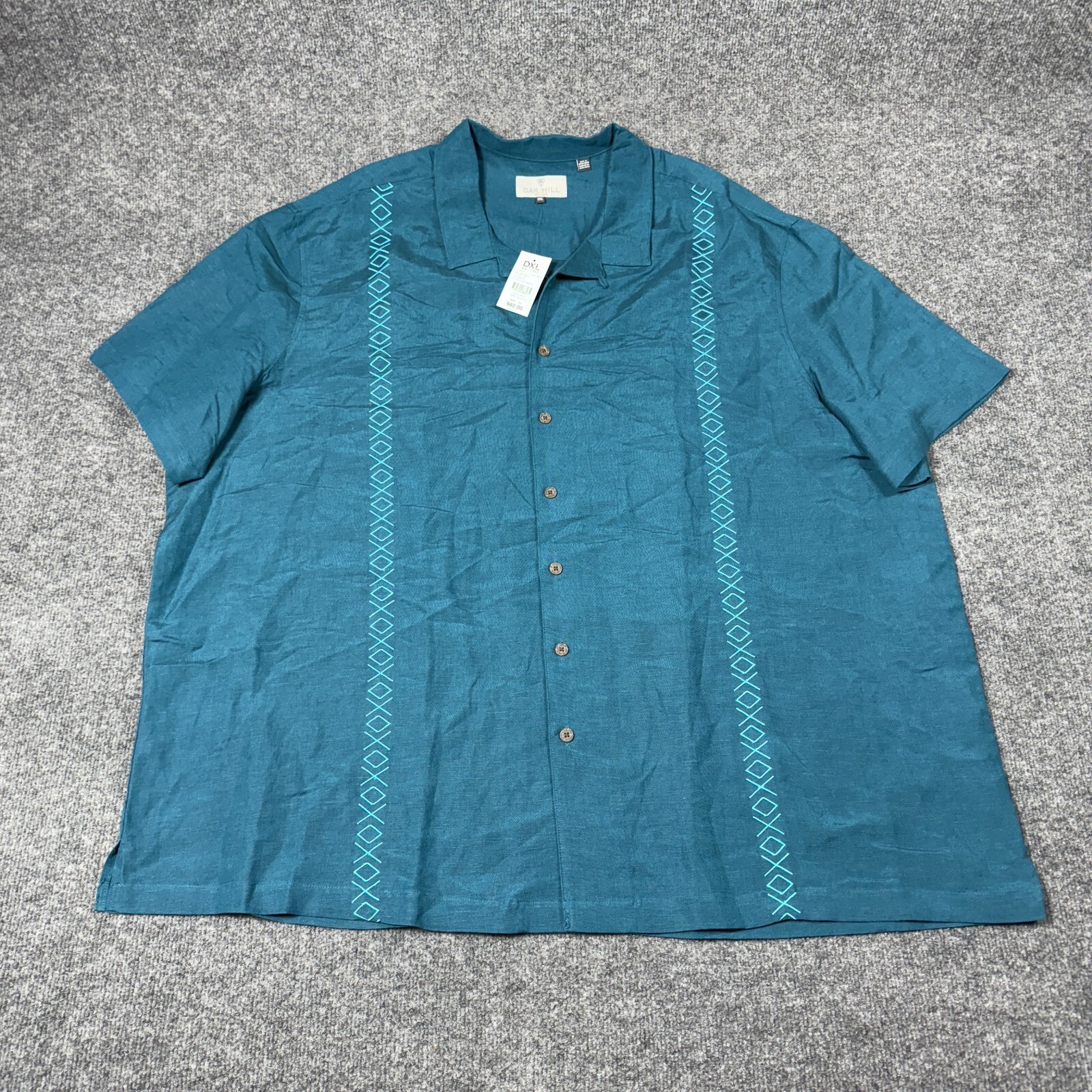Oak Hill Shirt Mens 3XL Blue Embroidered Linen Blend Button Down Short Sleeve