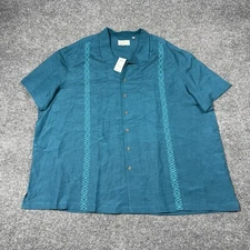 Oak Hill Shirt Mens 3XL Blue Embroidered Linen Blend Button Down Short Sleeve