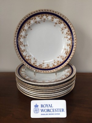 9 Antique Royal Worcester W4849 COBALT BROWN FLORAL 10    Dinner Plates c. 1903