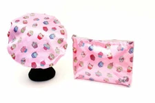 Shower Cap - Microfibre Lined & Cosmetic Bag - Cupcake Print