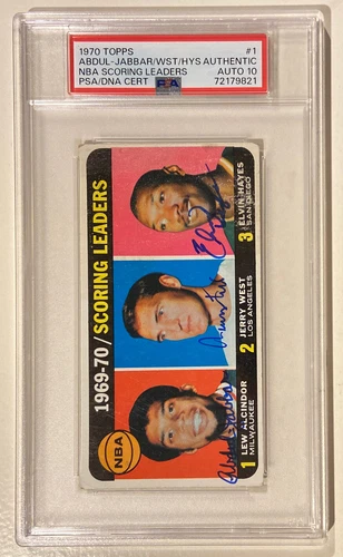 1970 Topps Kareem Abdul-Jabbar Elvin Hayes Jerry West Signed Card PSA/DNA 10 HOF