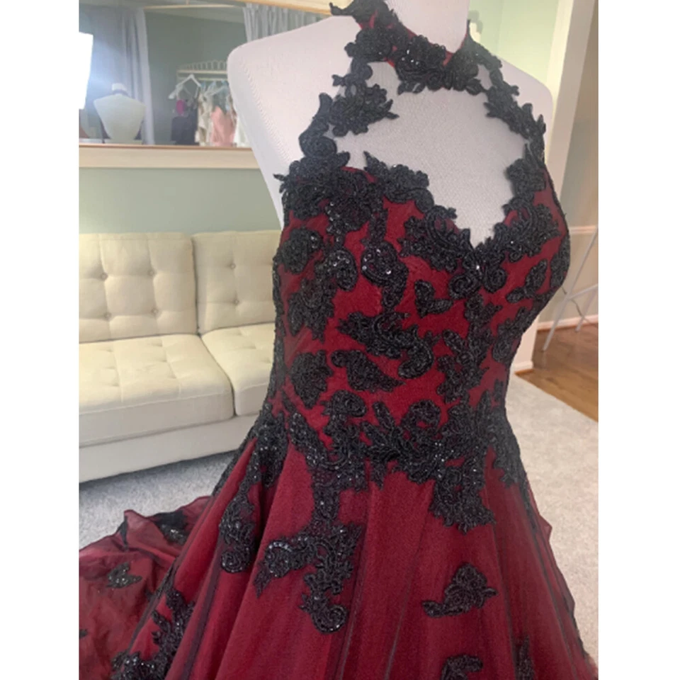Gothic Red Black Wedding Dress Halter Neck Sleeveless Lace Applique Bridal Gowns - Image 4 of 4