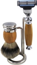 Compact Shaving Set OLIVE WOOD Brush Badger Hair Silvertip Razor HANS BAIER