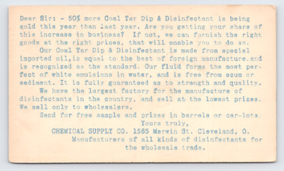 1909 Chemical Supply Co Cleveland OH Postal Card Coal Tar Dip Disinfectant Ad