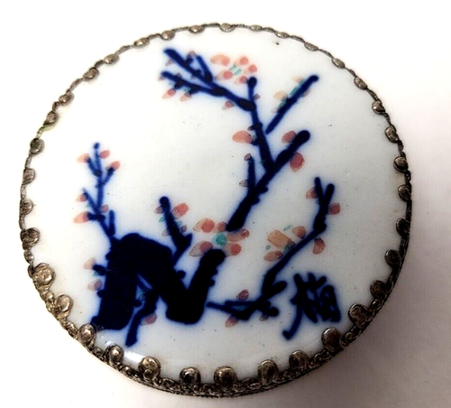 Vintage Chinese Silverplated Trinket Pill Box Cherry Blossom Tree Blue & White - Picture 4 of 7