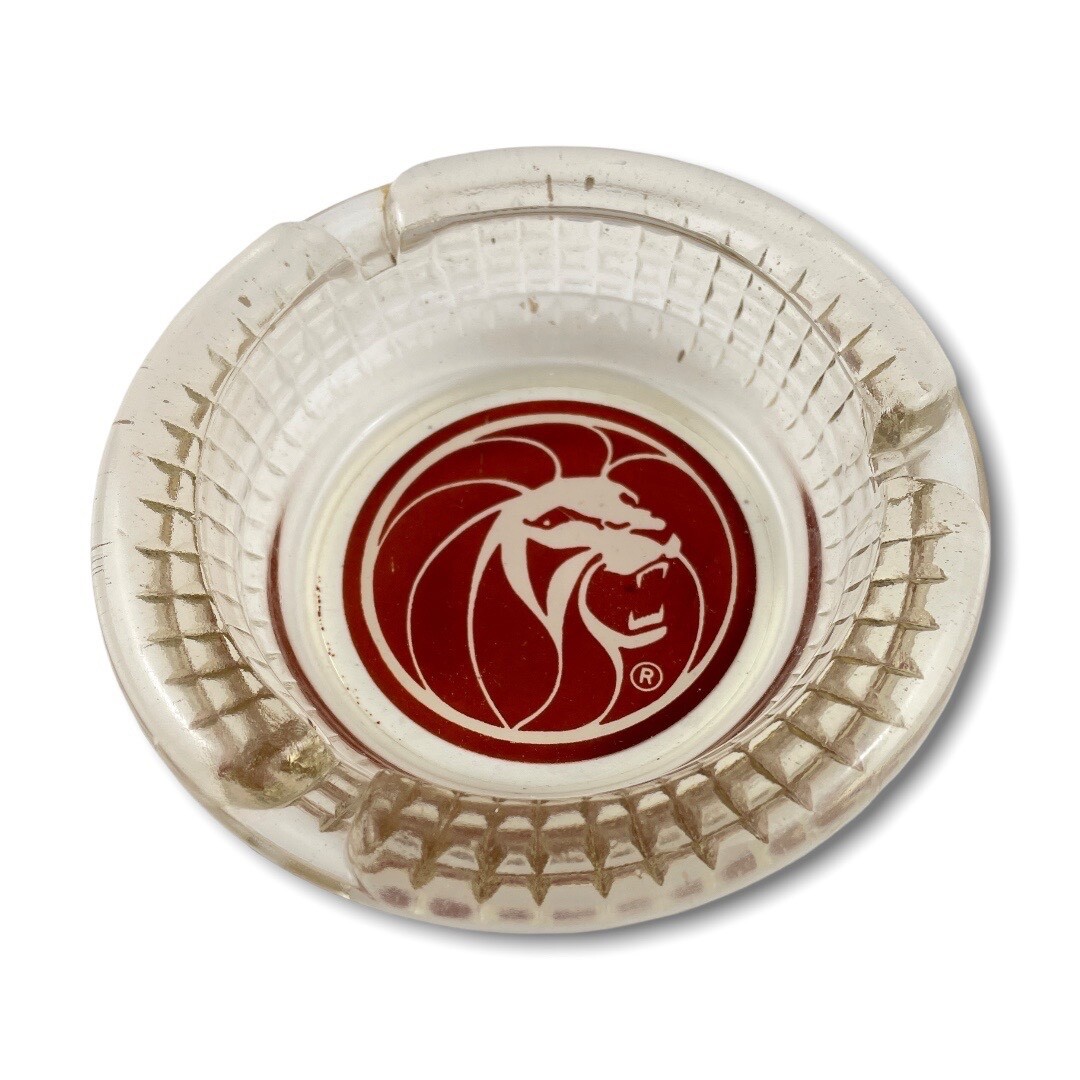 Roaring Red Lion Clear Glass Ashtray Logo MGM Grand Hotel Las