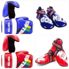TOP TEN ITF TKD SET ROJO Azul Abierto Brillante Bloque Guantes Superligero KICKS TAEKWONDO