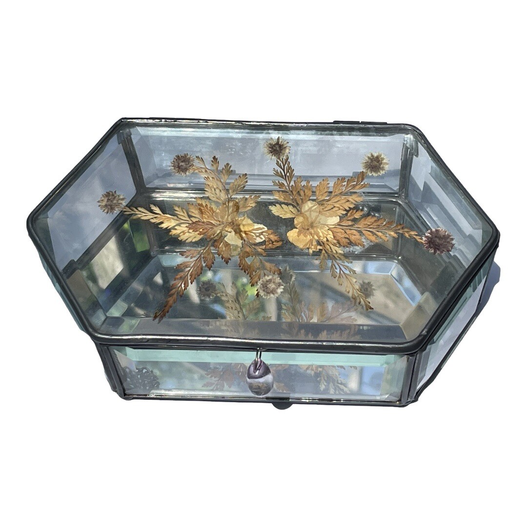 Hexagonal Beveled Glass Jewelry Box with Dried Flowers & Mirror Base-image