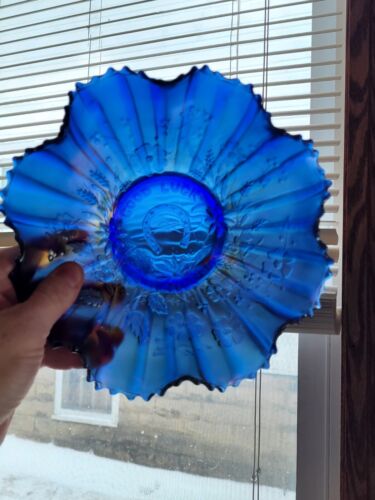 Pretty Blue Northwood Carnival Glass Good Luck Ruffled Bowl - Picture 7 of 14