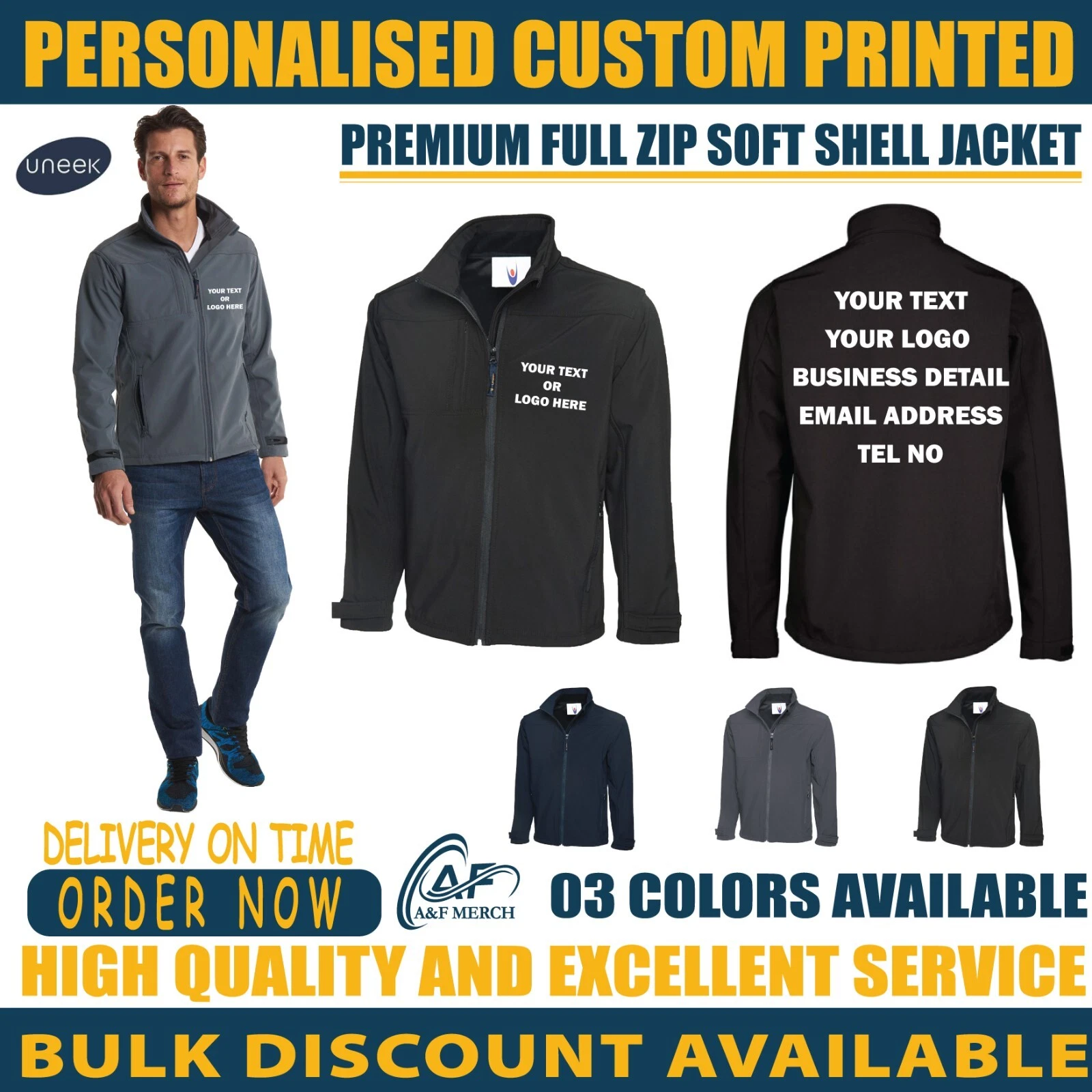 Personalised Custom Uneek Premium Full Zip Soft Shell Jacket Waterproof UC611