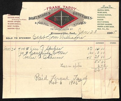 1905 Frank Tardy Boat Stores Evansville, IN Steamer Billhead Capt. Tom Williams