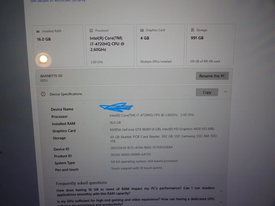 Lenovo Y70-70 Touch 80DU 17.3" I7-4700H 2.6GHz 16GB RAM 1TB SSD GeForce GTX 960M Foto 2 de 4
