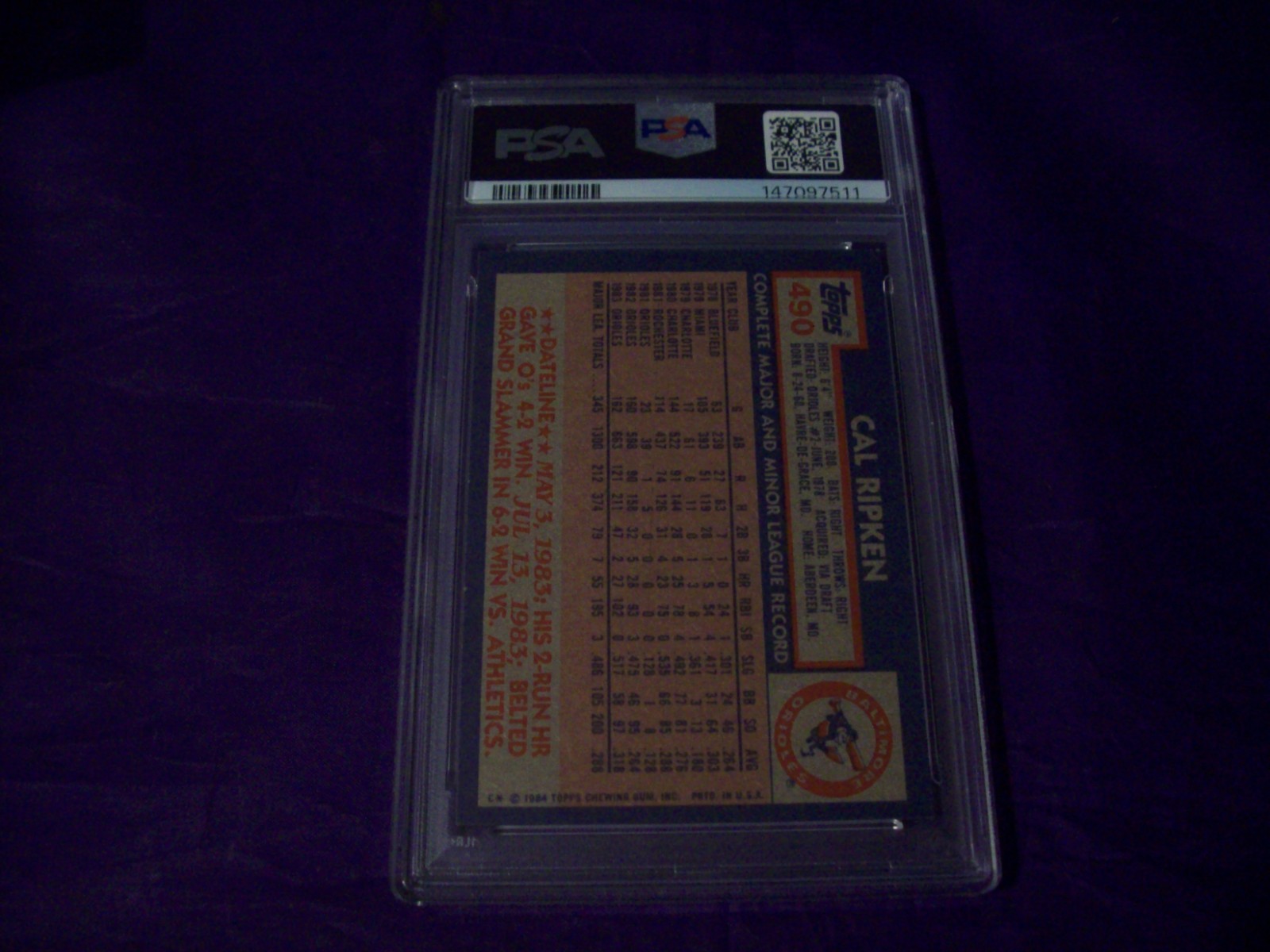 1984 TOPPS #490 CAL RIPKEN JR. PSA 9 view 2
