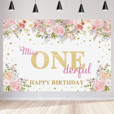 Miss Onederful Birthday Backdrop Watercolor Flowers Golden Dots First Birthda...