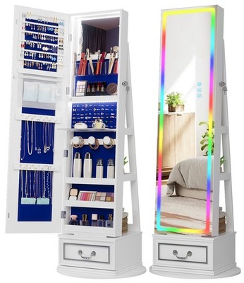 360° Rotating Jewelry Mirror Cabinet with Light, Full Length Mirror with Storage