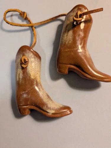 Pair Frankoma Pottery Mini 3.5" Tan Wash Cowboy Boot