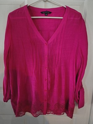 Zac & Rachel Top Size L P2P 22 LENGTH 26 Vneck Fusia Pink Roll Tab Sleeves 