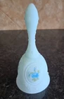 Fenton Blue Satin Glass Bell and Small  Compote Dish Hand  Painted Signed.