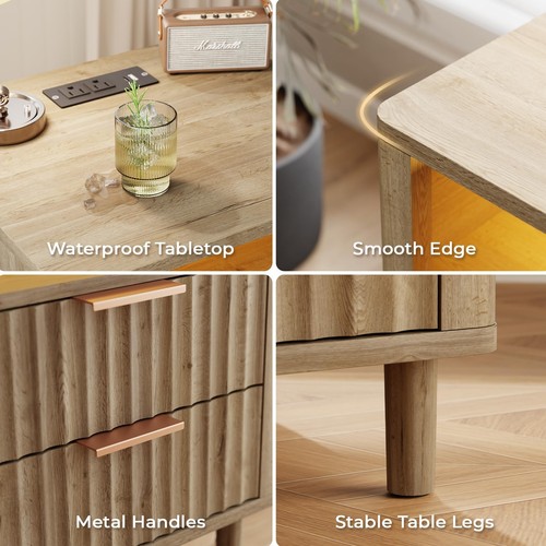 Night Stand with Charging Station, Fluted Bedside Table with 2 Drawers Storag... - Picture 5 of 7